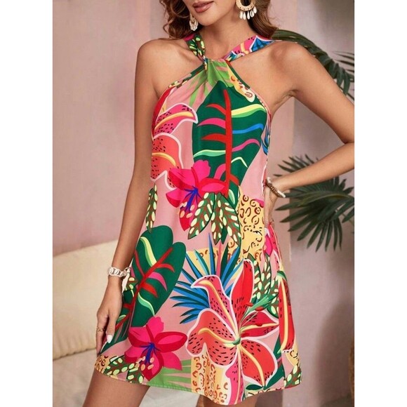 Tropical Halterneck Mini Dress Plus 3X Palm Leaf Print Party Evening Festival - Picture 2 of 9
